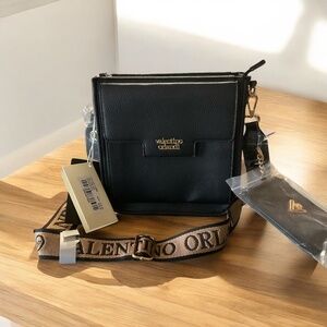 NWT Valentino Orlandi Black Faux Leather Texured Crossbody Purse with Wallet